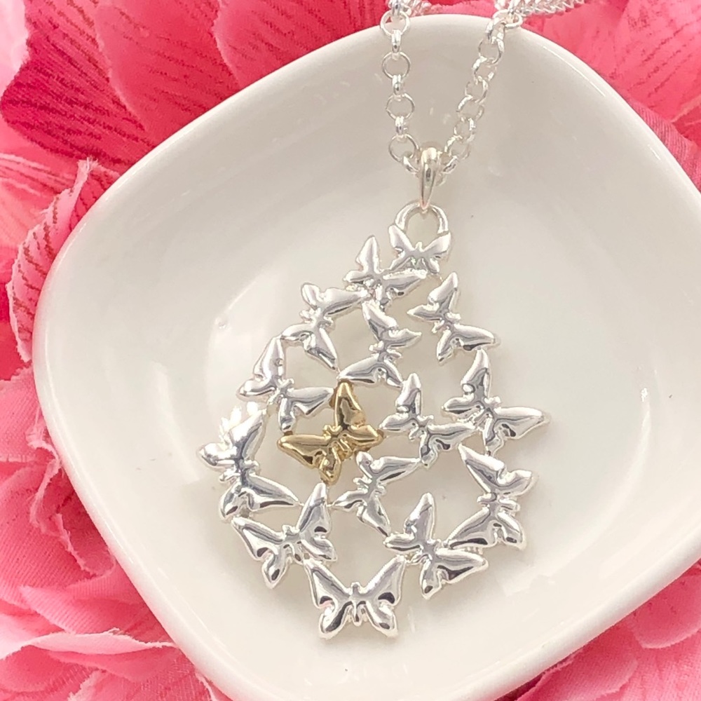 🌼 Butterfly Cluster Silver Gold Necklace